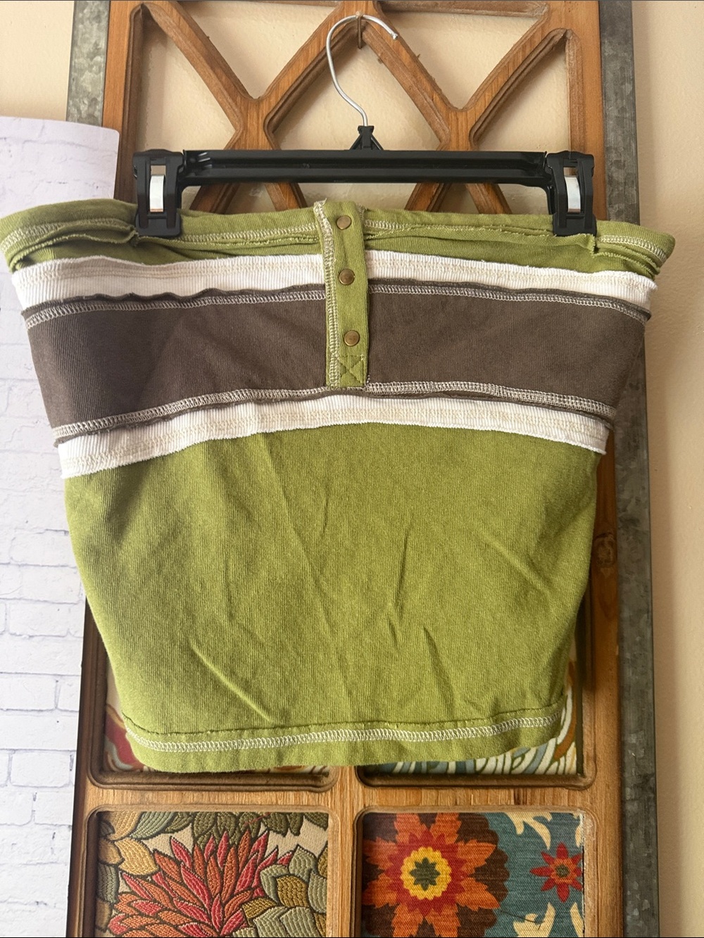 Free People Green Strapless Tube Top with Brown and Cream Stripes